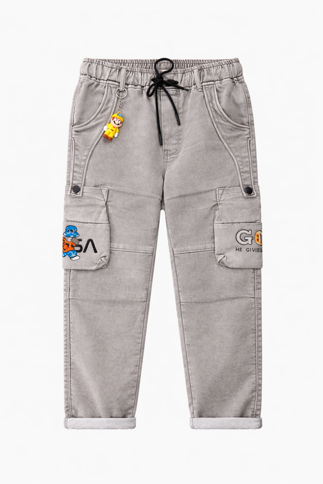 Kids' Cream Utility Trousers – Multi-Pocket Cargo Joggers with Fun NASA Patches