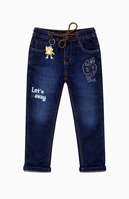 Kids' Deep Blue Comfort-Fit Denim – Graphic Print Trousers with Brown Drawstring