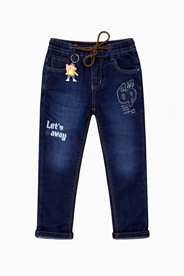 Kids' Deep Blue Comfort-Fit Denim – Graphic Print Trousers with Brown Drawstring