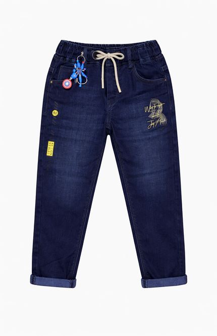 Kids' Deep Blue Drawstring Denim – Streetwear Style Graphic Trousers with Superhero Keychain