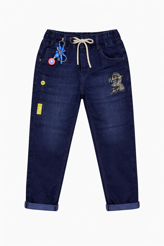 Kids' Deep Blue Drawstring Denim – Streetwear Style Graphic Trousers with Superhero Keychain