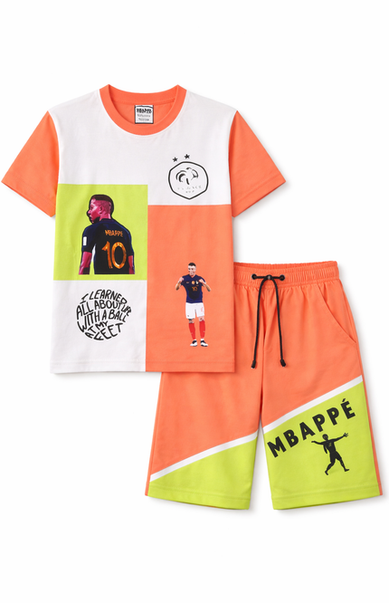Boys' Mbappé Football Graphic T-Shirt and Shorts 2-Piece Set – Neon Orange & Lime
