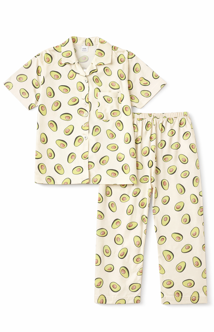 Kids' Avocado Print Pajama Set – Cream Button-Down Shirt and Matching Trousers