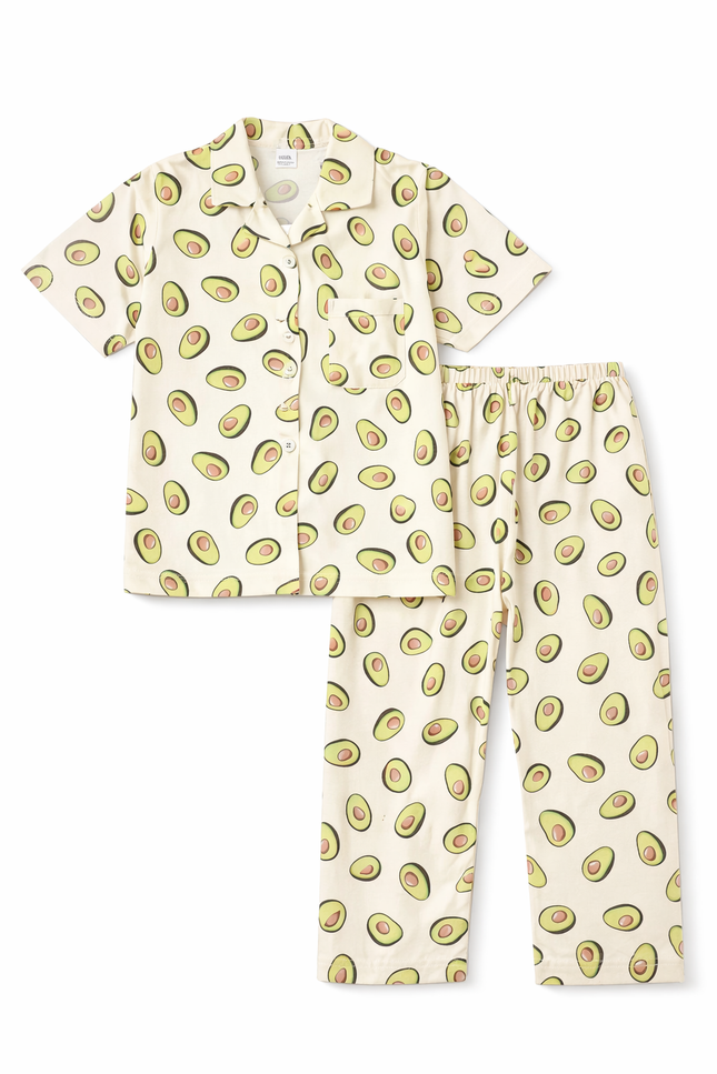 Kids' Avocado Print Pajama Set – Cream Button-Down Shirt and Matching Trousers