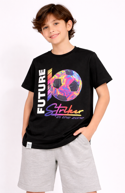 Boys' Black "Future Striker" Graphic Tee – Neon Football Print T-Shirt