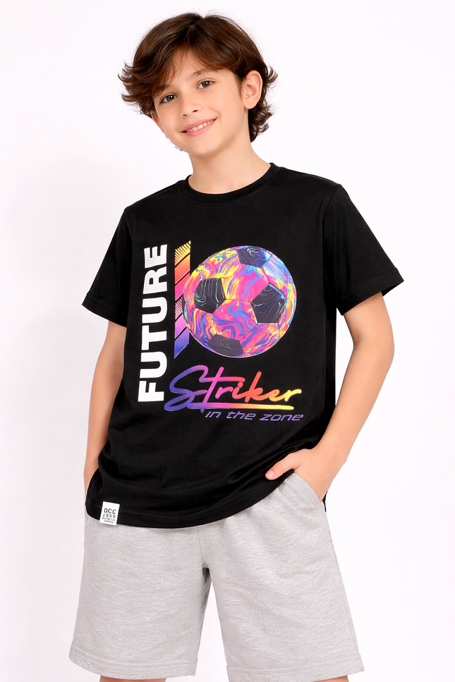 Boys' Black "Future Striker" Graphic Tee – Neon Football Print T-Shirt