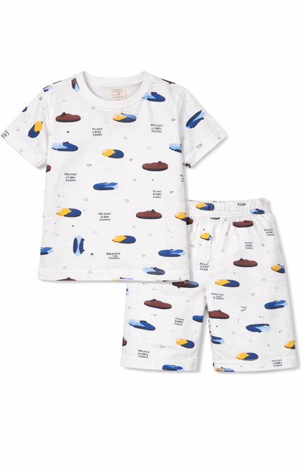 Kids' White Skateboard Print Pajama Set – Short-Sleeved Tee and Shorts