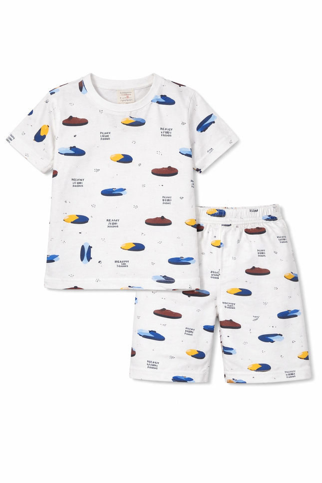 Kids' White Skateboard Print Pajama Set – Short-Sleeved Tee and Shorts