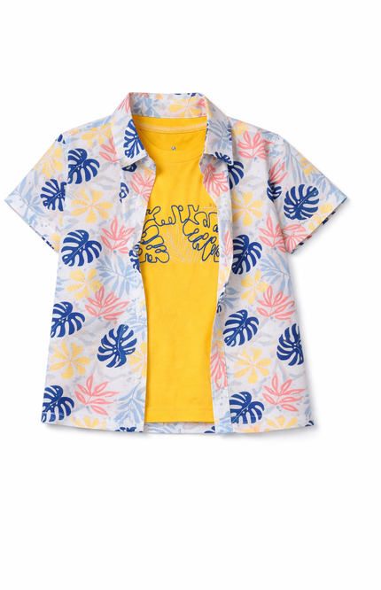 Kids' 3-Piece Summer Set – Tropical Leaf Print Shirt, Yellow Graphic Tee, and Coral Shorts