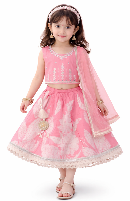 Girls' Candy Pink Lehenga Choli with Silver Zari Embroidery and Lace Border