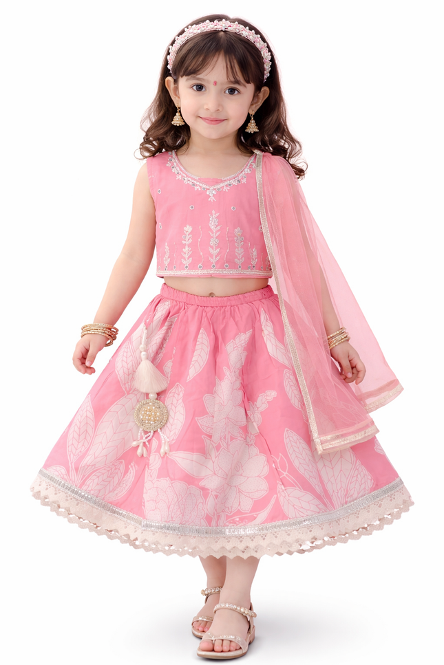 Girls' Candy Pink Lehenga Choli with Silver Zari Embroidery and Lace Border