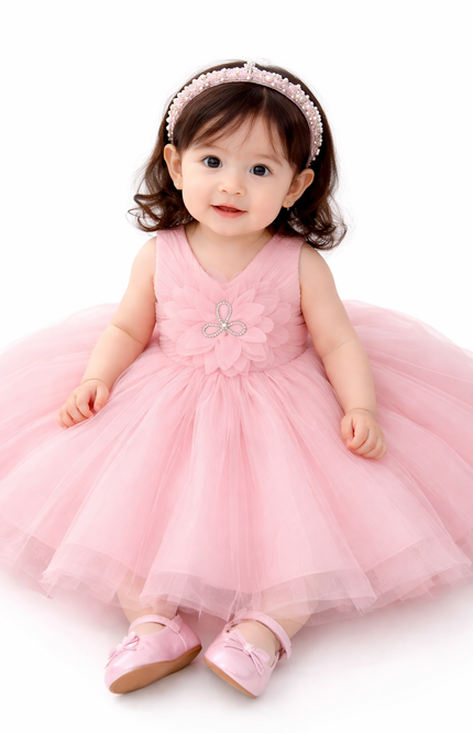 Infant Girls' Blush Pink Pleated Tulle Party Dress with Large 3D Flower