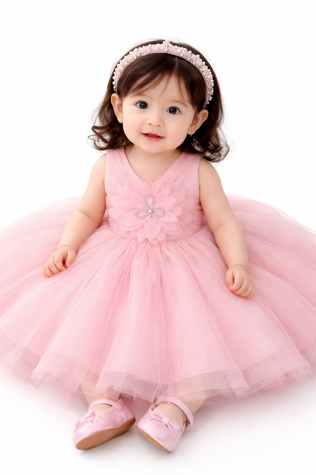 Infant Girls' Blush Pink Pleated Tulle Party Dress with Large 3D Flower