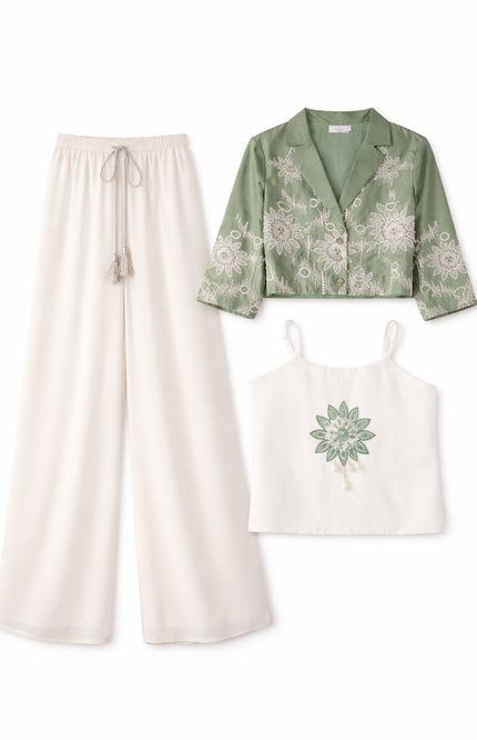 Girls' Sage Green Floral Embroidered Jacket and White Wide-Leg Palazzo Set