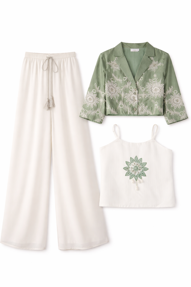 Girls' Sage Green Floral Embroidered Jacket and White Wide-Leg Palazzo Set
