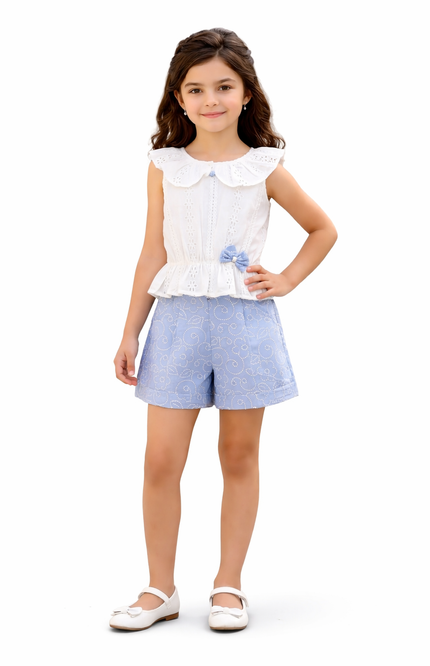 Girls' White Eyelet Flutter-Sleeve Top and Powder Blue Printed Shorts Set