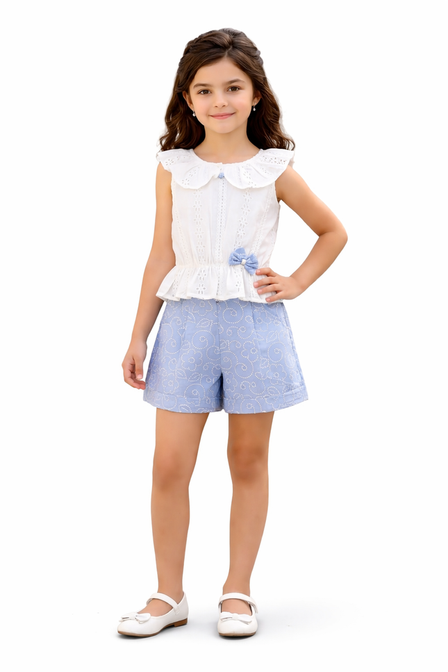Girls' White Eyelet Flutter-Sleeve Top and Powder Blue Printed Shorts Set