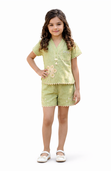 Girls' Sage Green Linen-Blend Short Set with Scalloped Edges and Floral Appliqué