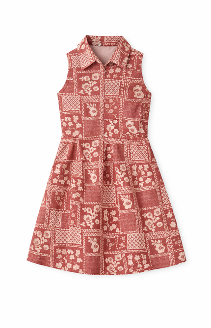 Kids' Maroon Tile-Print A-Line Dress – Sleeveless Collared Tunic