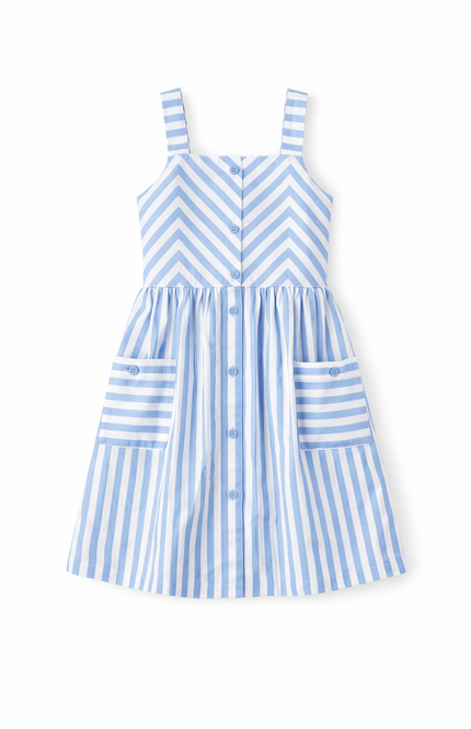 Girls' Striped Cotton Sleeveless Dress – Multi-Directional Pattern with Patch Pockets