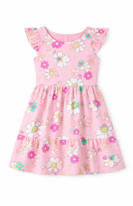Girls' Floral Tiered Cotton Dress with Ruffle Flutter Sleeves