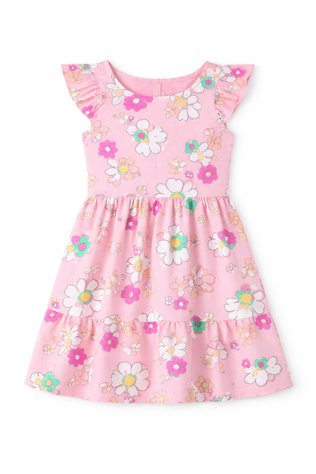 Girls' Floral Tiered Cotton Dress with Ruffle Flutter Sleeves