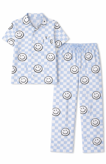 "Happy Vibes" 2-Piece Sleepwear Set – Button-Down Short Sleeve Shirt and Drawstring Trousers