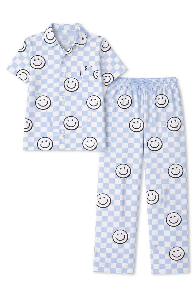 "Happy Vibes" 2-Piece Sleepwear Set – Button-Down Short Sleeve Shirt and Drawstring Trousers