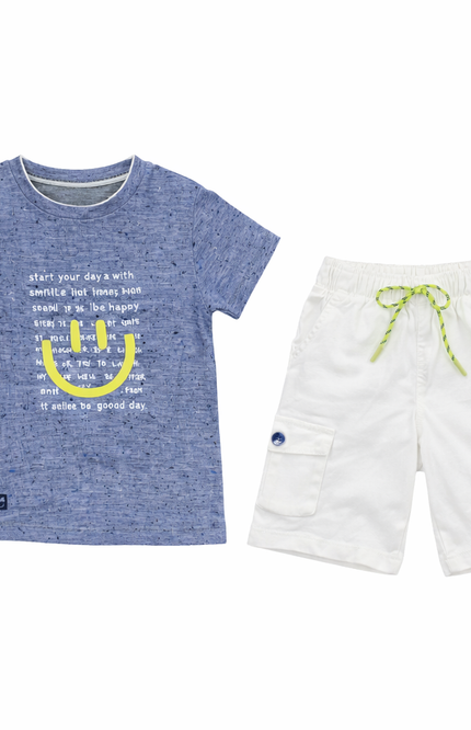 Boys' Blue Slub-Texture Graphic T-Shirt and White Cargo Shorts 2-Piece Set