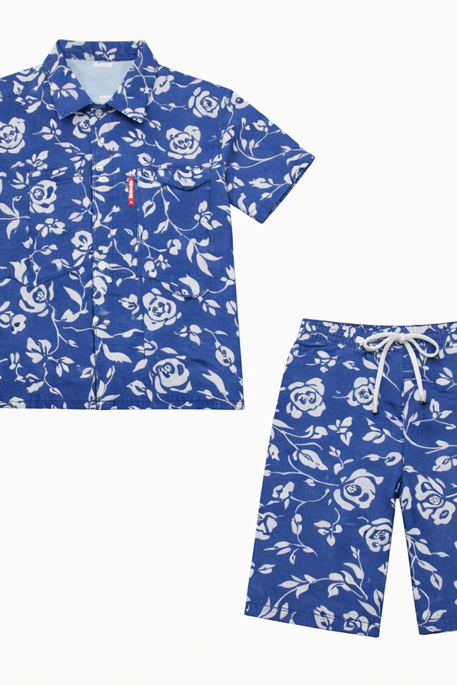 Boys' Royal Blue Floral Button-Down Shirt and Matching Drawstring Shorts Set