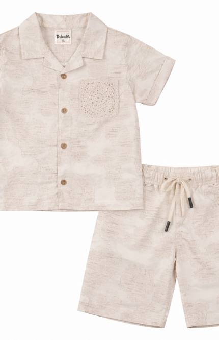 Boys' Cream Vintage Map Print Shirt and Drawstring Shorts 2-Piece Set