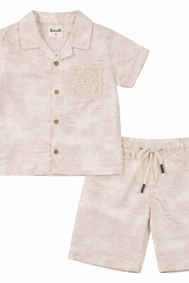 Boys' Cream Vintage Map Print Shirt and Drawstring Shorts 2-Piece Set