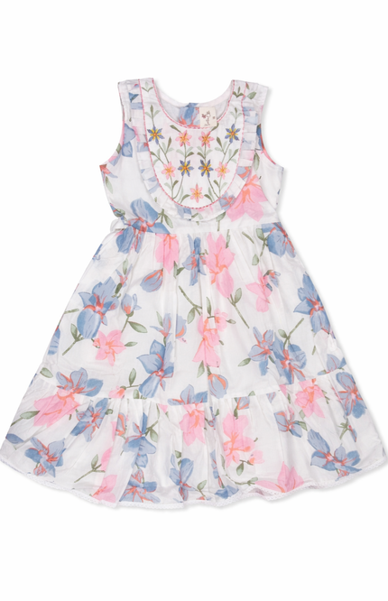 Kids' Soft Cotton Summer Gown – Pink and Blue Floral Tiered Dress with Sleeves