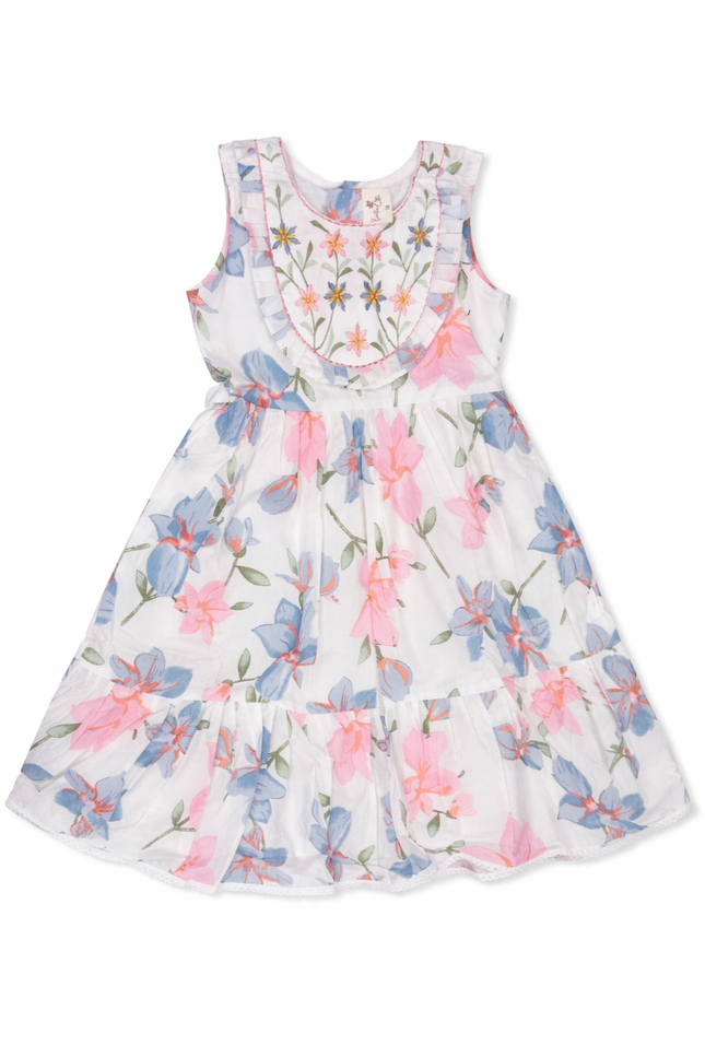 Kids' Soft Cotton Summer Gown – Pink and Blue Floral Tiered Dress with Sleeves