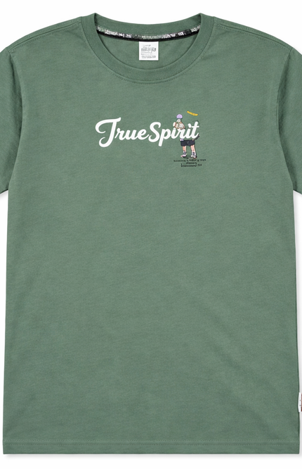 Kids' Olive Green Crew Neck T-Shirt with White Script and Character Graphic