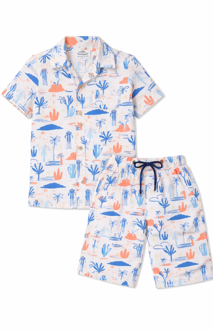 Boys' White Desert Botanical Print Shirt and Matching Drawstring Shorts Set