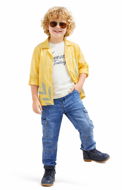 Kids' 3-Piece Vacation Outfit – Embroidered Yellow Shrug, Graphic Tee, and Utility Cargo Pants
