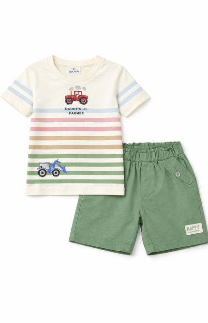 Infant Boys' Multi-Color Striped T-Shirt and Sage Green Shorts Set