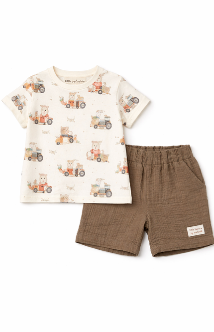 Infant Boys' Cream All-Over Tractor Print Tee and Brown Slub-Textured Shorts Set