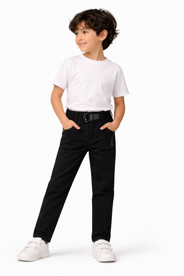 Boys' Jet Black Straight-Fit Utility Trousers with Webbed Belt