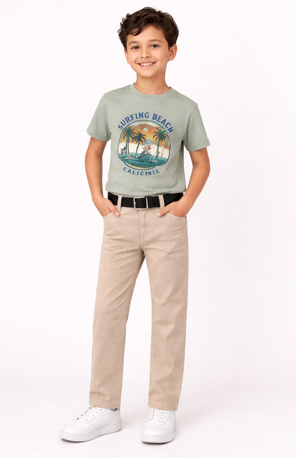 Boys' Stone Beige Straight-Fit Jeans with Black Utility Belt