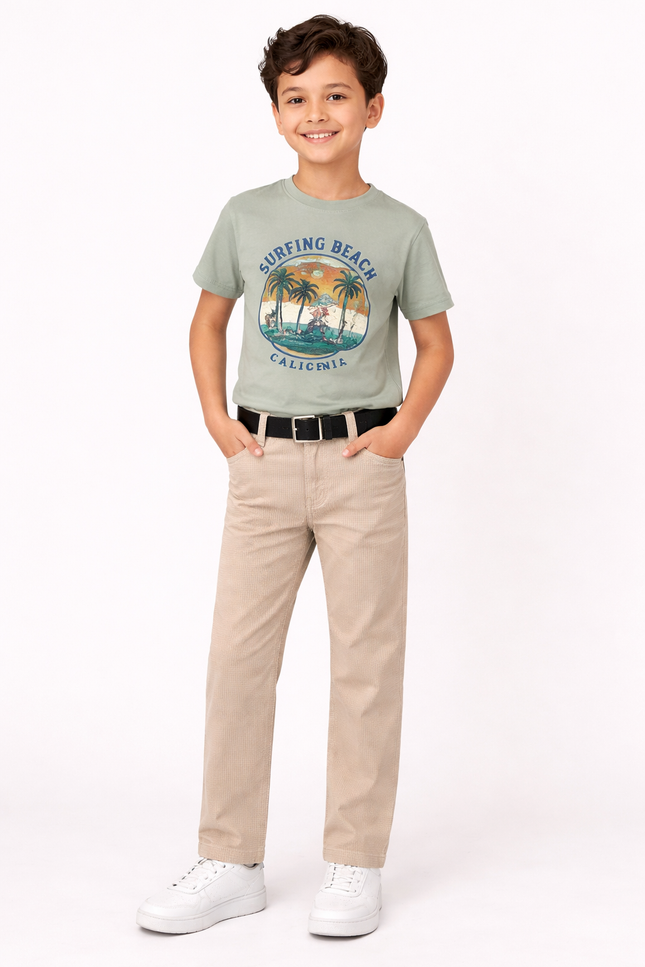 Boys' Stone Beige Straight-Fit Jeans with Black Utility Belt