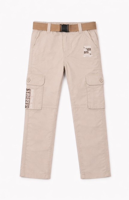 Beige cargo pants with a brown belt on a white background