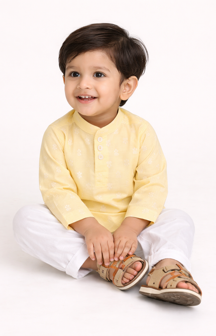 Newborn & Baby Ethnic Festive Set – Soft Lemon Yellow or Pista Green Printed Kurta