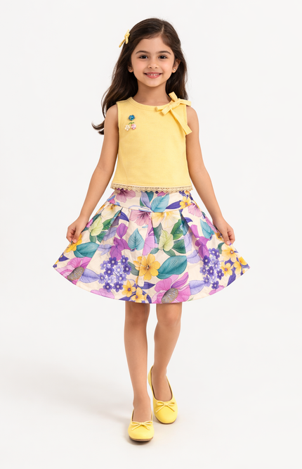 Girls' Yellow Sleeveless Top & Floral Satin Skirt – 2-Piece Party Set