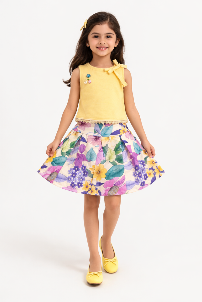 Girls' Yellow Sleeveless Top & Floral Satin Skirt – 2-Piece Party Set