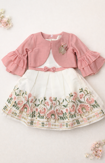 Girls' Embroidered Muslin Party Dress with Ruffled Bolero Jacket – 2-Piece Summer Set