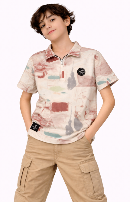 Boys' Abstract Watercolor Polo Shirt with Zip Collar