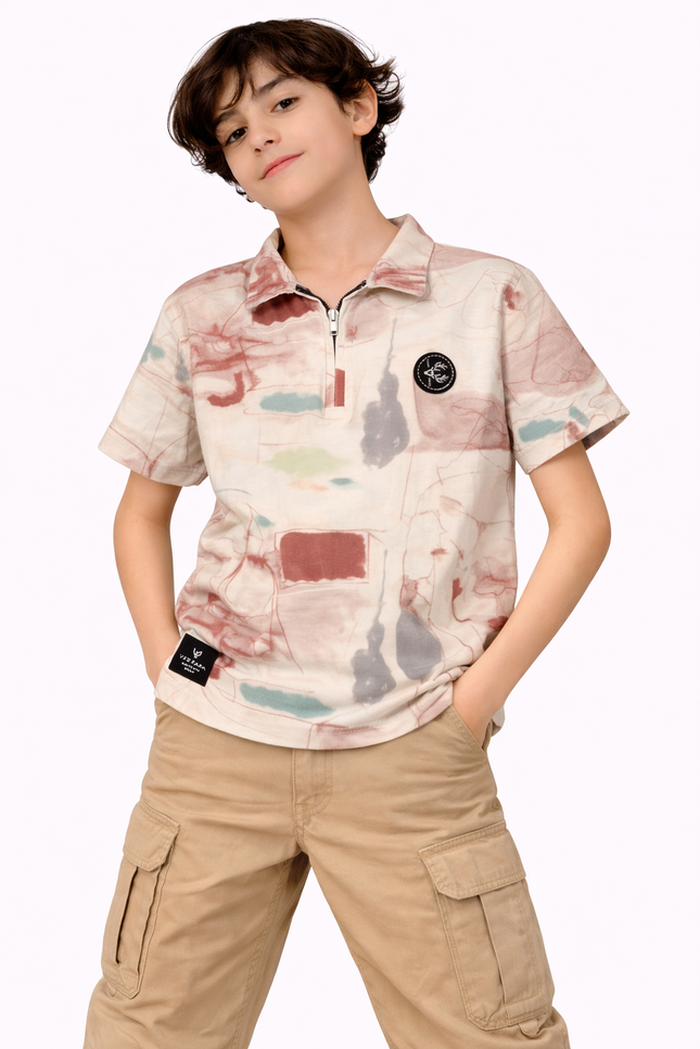 Boys' Abstract Watercolor Polo Shirt with Zip Collar