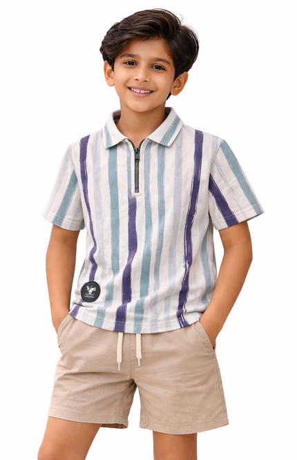 Kids' Designer Painterly Stripe Cotton Polo – Premium Summer Blue & Seafoam